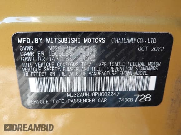 ✅ 2023 Mitsubishi Mirage ES • VIN: ML32AUHJ8PH002247 • Lot: 43642101. Listed on IAAI with 31,474 mi. Free auction sales archive from the USA and detailed vehicle history report at DreamBid. Image 9.