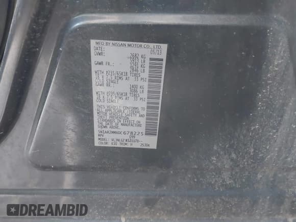 ✅ 2013 Nissan Pathfinder Platinum • VIN: 5N1AR2MMXDC678225 • Lot: 42402685. Listed on IAAI with 188,534 mi. Free auction sales archive from the USA and detailed vehicle history report at DreamBid. Image 9.