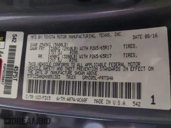 ✅ 2017 Toyota Tacoma SR5 • VIN: 5TFCZ5AN2HX051383 • Lot: 43034141. Listed on IAAI with 94,260 mi. Free auction sales archive from the USA and detailed vehicle history report at DreamBid. Image 9.