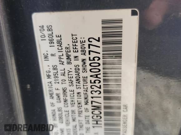 2005 Honda Accord LX with VIN 1HGCM71325A005772, listed as a Copart auction lot 53085135 with 147,066 mi miles and Salvage title. Bid and sale history available at DreamBid. Image 12.