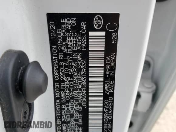 2021 Toyota Prius L Eco with VIN JTDKAMFU4M3139334, listed as a Copart auction lot 84025305 with 59,418 mi miles and Salvage title. Bid and sale history available at DreamBid. Image 13.