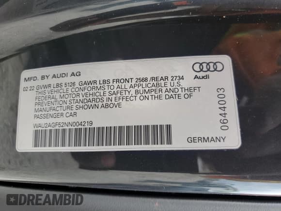 ✅ 2022 Audi A5 Cabriolet Premium • VIN: WAU2AGF52NN004219 • Лот: 55830285. Опубликован ранее на Copart с пробегом Не указан. Бесплатный доступ к архиву аукционных продаж из США и подробный отчёт об истории автомобиля на DreamBid. Изображение 13.