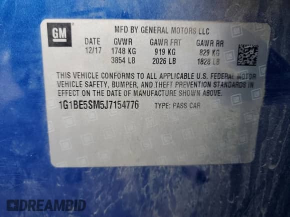 2018 Chevrolet Cruze LT с VIN 1G1BE5SM5J7154776, выставлен на аукционе Copart как лот 82706125 с пробегом 54 163 миль миль и Списание • Salvage title. История ставок и продаж доступна на DreamBid. Изображение 13.