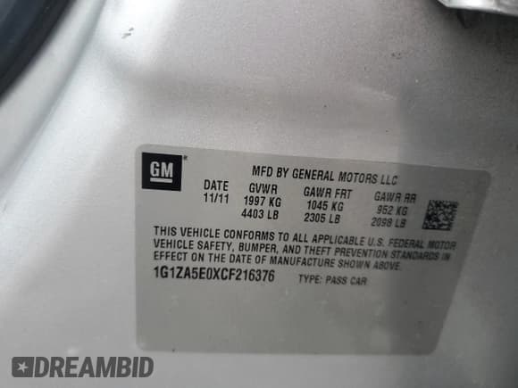 ✅ 2012 Chevrolet Malibu 1FL • VIN: 1G1ZA5E0XCF216376 • Lot: 73166144. Listed on Copart with 214,039 mi. Free auction sales archive from the USA and detailed vehicle history report at DreamBid. Image 12.