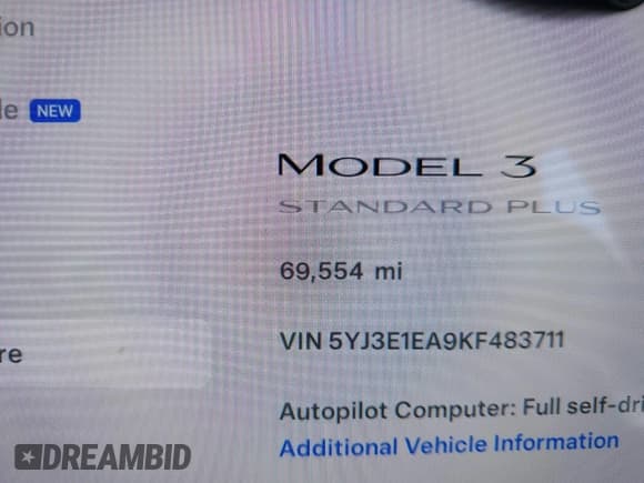 ✅ 2019 Tesla Model 3 Mid Range • VIN: 5YJ3E1EA9KF483711 • Lot: 41127953. Listed on IAAI with 69,554 mi. Free auction sales archive from the USA and detailed vehicle history report at DreamBid. Image 15.