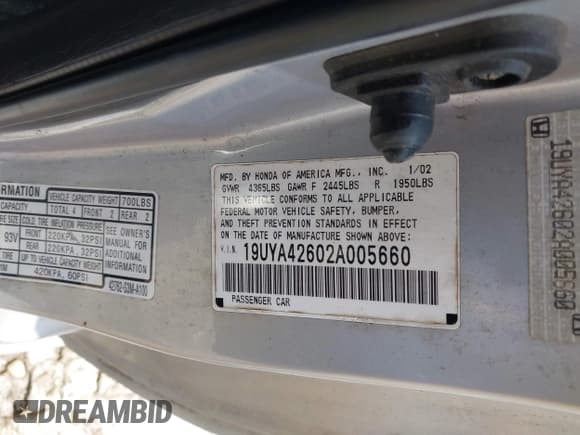 ✅ 2002 Acura CL Type S • VIN: 19UYA42602A005660 • Lot: 42256561. Wystawiony na IAAI z przebiegiem 168 653 mil. Bezpłatny archiwum sprzedaży aukcyjnych z USA i szczegółowy raport historii pojazdu na DreamBid. Zdjęcie 9.