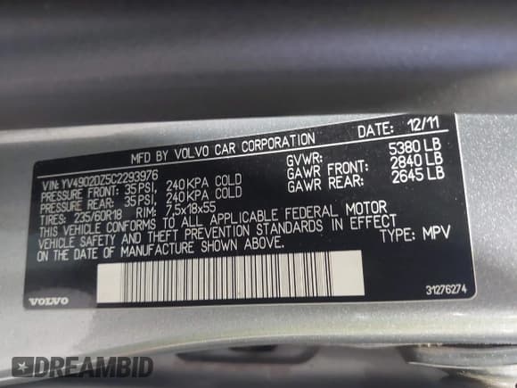 ✅ 2012 Volvo XC60 3.0L • VIN: YV4902DZ5C2293976 • Lot: 43657480. Listed on IAAI with 132,931 mi. Free auction sales archive from the USA and detailed vehicle history report at DreamBid. Image 9.