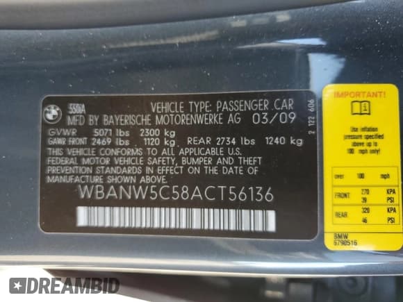✅ 2010 BMW 5 Series 550i • VIN: WBANW5C58ACT56136 • Lot: 82199915. Wystawiony na Copart z przebiegiem 116 580 mil. Bezpłatny archiwum sprzedaży aukcyjnych z USA i szczegółowy raport historii pojazdu na DreamBid. Zdjęcie 12.