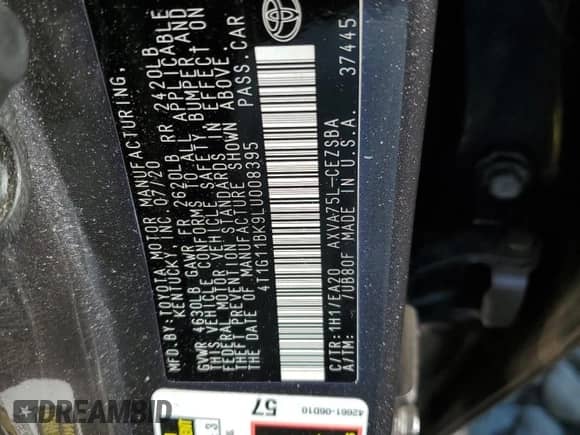 2020 Toyota Camry SE with VIN 4T1G11BK9LU008395, listed as a Copart auction lot 81319325 with Not provided miles and Salvage title. Bid and sale history available at DreamBid. Image 12.