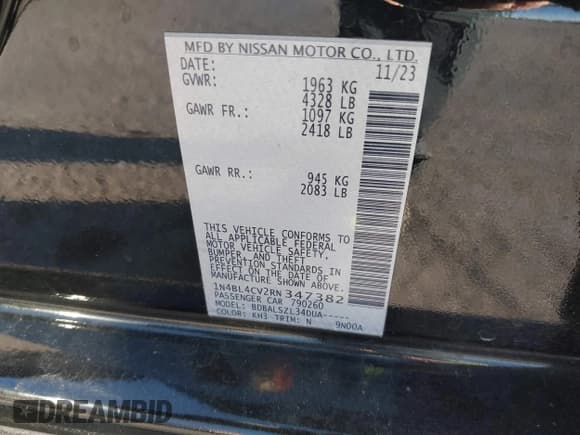 ✅ 2024 Nissan Altima SR • VIN: 1N4BL4CV2RN347382 • Lot: 43688401. Listed on IAAI with 49,352 mi. Free auction sales archive from the USA and detailed vehicle history report at DreamBid. Image 9.