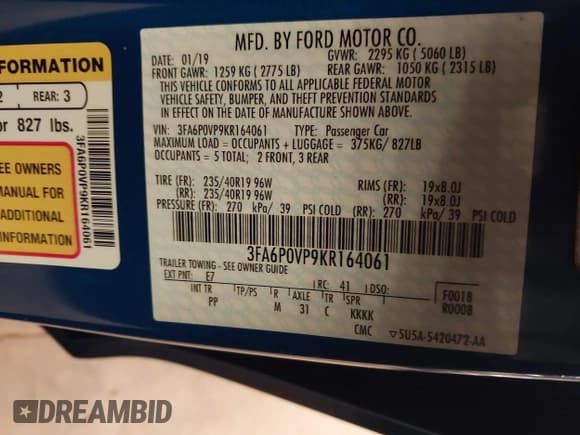 ✅ 2019 Ford Fusion Sport • VIN: 3FA6P0VP9KR164061 • Лот: 43677373. Опубликован ранее на IAAI с пробегом 27 630 миль. Бесплатный доступ к архиву аукционных продаж из США и подробный отчёт об истории автомобиля на DreamBid. Изображение 9.