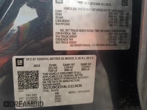 ✅ 2020 GMC Sierra 1500 Elevation • VIN: 3GTU9CEDXLG113636 • Lot: 84949015. Wystawiony na Copart z przebiegiem 77 215 mil. Bezpłatny archiwum sprzedaży aukcyjnych z USA i szczegółowy raport historii pojazdu na DreamBid. Zdjęcie 13.
