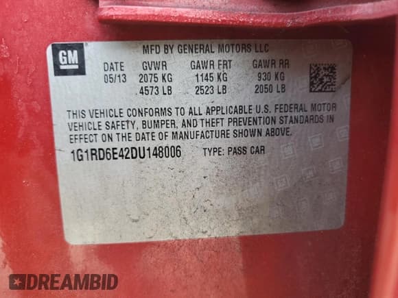 ✅ 2013 Chevrolet Volt • VIN: 1G1RD6E42DU148006 • Lot: 91676655. Listed on Copart with 97,227 mi. Free auction sales archive from the USA and detailed vehicle history report at DreamBid. Image 12.