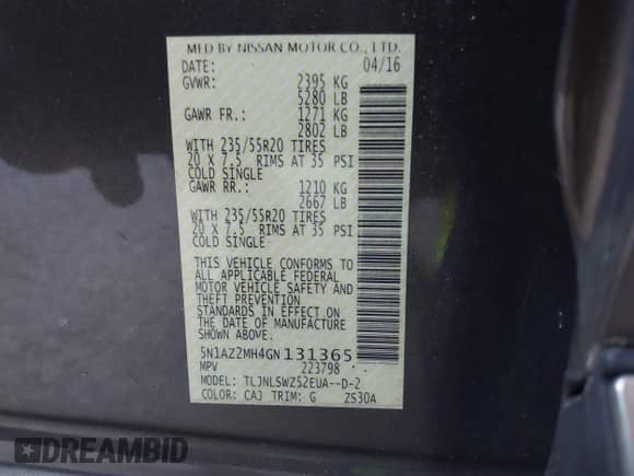 2016 Nissan Murano SV with VIN 5N1AZ2MH4GN131365, listed as a IAAI auction lot 42286742 with 102,393 mi miles and . Bid and sale history available at DreamBid. Image 9.