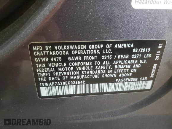 ✅ 2014 Volkswagen Passat S • VIN: 1VWAP7A30EC023542 • Lot: 60894535. Listed on Copart with 213,366 mi. Free auction sales archive from the USA and detailed vehicle history report at DreamBid. Image 12.