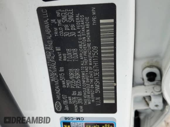 ✅ 2007 Hyundai Santa Fe SE • VIN: 5NMSH13E67H117509 • Lot: 74274154. Wystawiony na Copart z przebiegiem 81 831 mil mil. Skorzystaj z bezpłatnego archiwum sprzedaży aukcyjnych z USA i zobacz szczegółowy raport historii pojazdu na DreamBid. Zdjęcie 14.