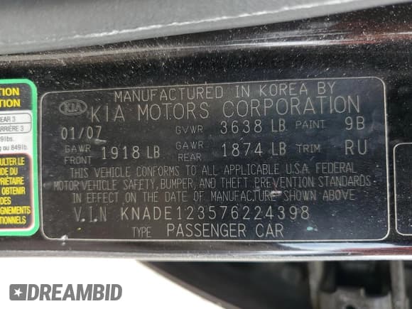 ✅ 2007 Kia Rio LX • VIN: KNADE123576224398 • Lot: 70085384. Listed on Copart with 70,024 mi. Free auction sales archive from the USA and detailed vehicle history report at DreamBid. Image 12.