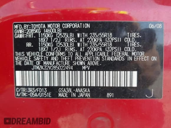 ✅ 2008 Toyota RAV4 Sport • VIN: JTMZK32V285022494 • Lot: 42688630. Listed on IAAI with 228,793 mi. Free auction sales archive from the USA and detailed vehicle history report at DreamBid. Image 9.