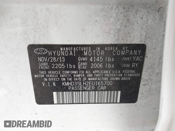 ✅ 2014 Hyundai Elantra • VIN: KMHD35LH2EU165700 • Lot: 43291293. Listed on IAAI with 152,941 mi. Free auction sales archive from the USA and detailed vehicle history report at DreamBid. Image 9.
