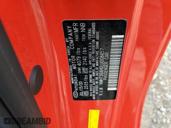 2020 Hyundai Veloster z VIN KMHT36AH0LU008457, wystawiony jako Copart lot #85669534 z przebiegiem 59 985 mil mil oraz Szkoda całkowita • Salvage title. Historia ofert i sprzedaży dostępna na DreamBid. Obrazek 12.