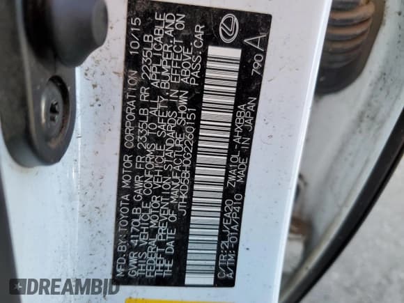 ✅ 2016 Lexus CT 200h • VIN: JTHKD5BH0G2260151 • Лот: 39352163. Опубликован ранее на Copart с пробегом 76 211 миль. Бесплатный доступ к архиву аукционных продаж из США и подробный отчёт об истории автомобиля на DreamBid. Изображение 12.