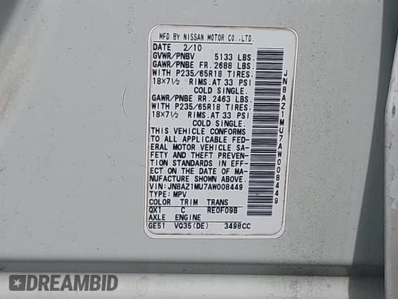 ✅ 2010 Nissan Murano LE • VIN: JN8AZ1MU7AW008449 • Lot: 43641199. Listed on IAAI with 207,181 mi. Free auction sales archive from the USA and detailed vehicle history report at DreamBid. Image 9.