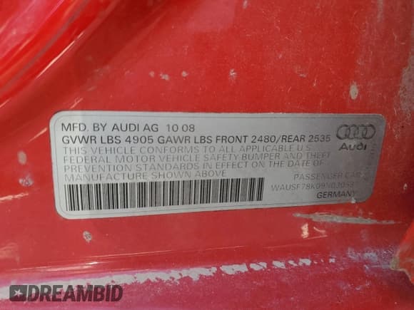 ✅ 2009 Audi A4 Premium Plus • VIN: WAUSF78K09N030537 • Lot: 57722495. Listed on Copart with 189,952 mi. Free auction sales archive from the USA and detailed vehicle history report at DreamBid. Image 13.