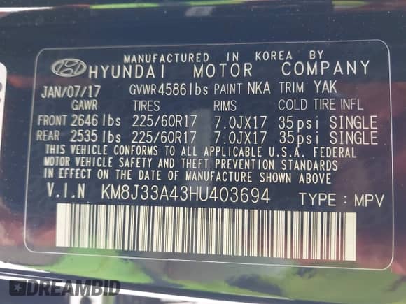 2017 Hyundai Tucson SE Plus z VIN KM8J33A43HU403694, wystawiony jako IAAI lot #42532678 z przebiegiem 62 421 mil mil oraz . Historia ofert i sprzedaży dostępna na DreamBid. Obrazek 9.