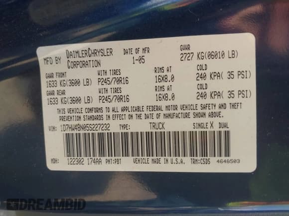 ✅ 2005 Dodge Dakota SLT • VIN: 1D7HW48N05S227232 • Lot: 42816124. Listed on IAAI with 187,080 mi. Free auction sales archive from the USA and detailed vehicle history report at DreamBid. Image 9.