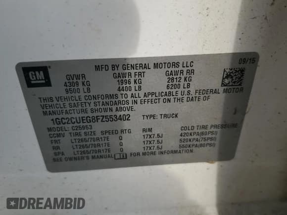 ✅ 2015 Chevrolet Silverado 2500HD Work Truck • VIN: 1GC2CUEG8FZ553402 • Lot: 55828735. Listed on Copart with 112,487 mi. Free auction sales archive from the USA and detailed vehicle history report at DreamBid. Image 13.