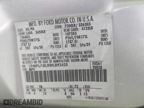 ✅ 1998 Ford Expedition XLT • VIN: 1FMPU18LXWLB92425 • Lot: 43325275. Wystawiony na IAAI z przebiegiem 180 023 mil. Bezpłatny archiwum sprzedaży aukcyjnych z USA i szczegółowy raport historii pojazdu na DreamBid. Zdjęcie 9.