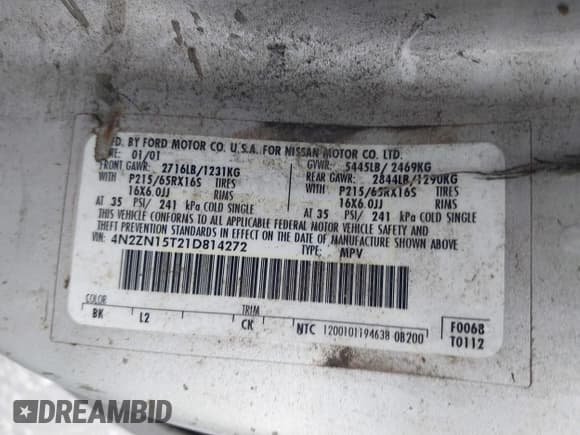 ✅ 2001 Nissan Quest GXE • VIN: 4N2ZN15T21D814272 • Лот: 41494773. Опубликован ранее на IAAI с пробегом 179 023 миль. Бесплатный доступ к архиву аукционных продаж из США и подробный отчёт об истории автомобиля на DreamBid. Изображение 9.