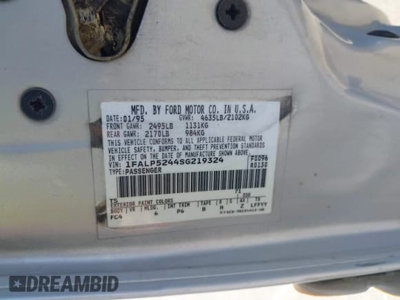 ✅ 1995 Ford Taurus GL • VIN: 1FALP5244SG219324 • Lot: 41859231. Listed on IAAI with 209,373 mi. Free auction sales archive from the USA and detailed vehicle history report at DreamBid. Image 9.