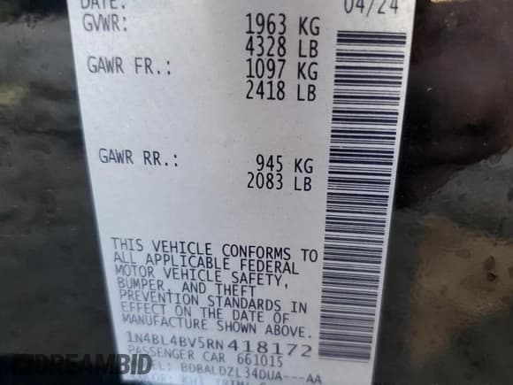 ✅ 2024 Nissan Altima S • VIN: 1N4BL4BV5RN418172 • Lot: 82299185. Listed on Copart with 11,674 mi. Free auction sales archive from the USA and detailed vehicle history report at DreamBid. Image 12.