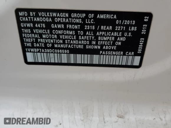 ✅ 2013 Volkswagen Passat SE • VIN: 1VWBP7A39DC096590 • Lot: 82689945. Listed on Copart with 151,870 mi. Free auction sales archive from the USA and detailed vehicle history report at DreamBid. Image 12.