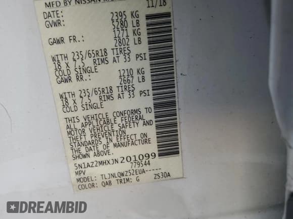 ✅ 2018 Nissan Murano SV • VIN: 5N1AZ2MHXJN201099 • Lot: 92655995. Listed on Copart with 124,422 mi. Free auction sales archive from the USA and detailed vehicle history report at DreamBid. Image 14.