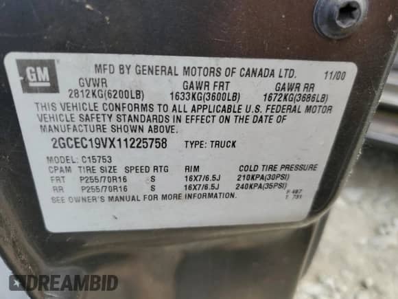 2001 Chevrolet Silverado 1500 LS с VIN 2GCEC19VX11225758, выставлен на аукционе Copart как лот 60914564 с пробегом Не указан миль и Чистый • Clean title. История ставок и продаж доступна на DreamBid. Изображение 12.