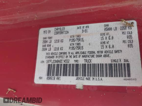 1992 Dodge Dakota z VIN 1B7FL23X8NS514552, wystawiony jako IAAI lot #42146517 z przebiegiem 169 571 mil mil oraz . Historia ofert i sprzedaży dostępna na DreamBid. Obrazek 9.