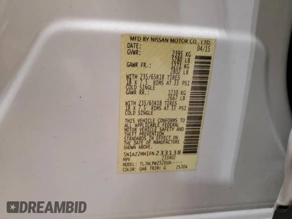 ✅ 2015 Nissan Murano Platinum • VIN: 5N1AZ2MH1FN233138 • Lot: 72052335. Wystawiony na Copart z przebiegiem 88 116 mil mil. Skorzystaj z bezpłatnego archiwum sprzedaży aukcyjnych z USA i zobacz szczegółowy raport historii pojazdu na DreamBid. Zdjęcie 13.