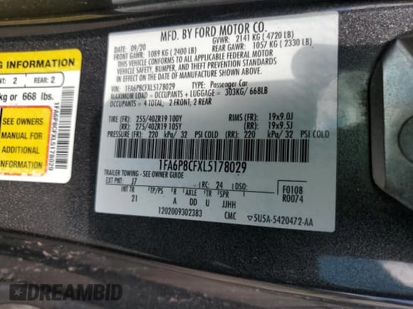 ✅ 2020 Ford Mustang GT • VIN: 1FA6P8CFXL5178029 • Lot: 56962865. Listed on Copart with 43,551 mi. Free auction sales archive from the USA and detailed vehicle history report at DreamBid. Image 12.