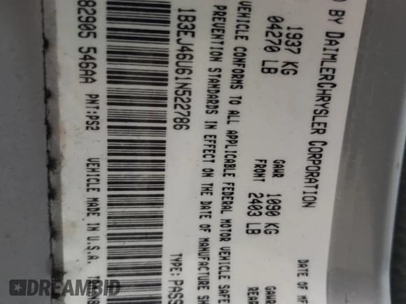 ✅ 2001 Dodge Stratus SE • VIN: 1B3EJ46U61N522786 • Lot: 55478205. Wystawiony na Copart z przebiegiem 88 051 mil. Bezpłatny archiwum sprzedaży aukcyjnych z USA i szczegółowy raport historii pojazdu na DreamBid. Zdjęcie 12.
