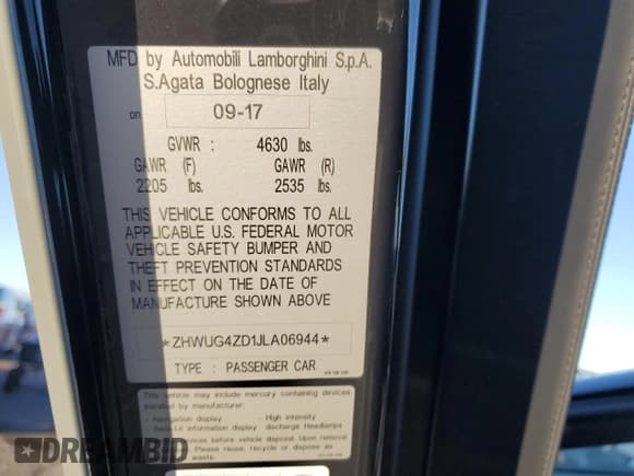 ✅ 2018 Lamborghini Aventador S • VIN: ZHWUG4ZD1JLA06944 • Lot: 83040274. Listed on Copart with 7,816 mi. Free auction sales archive from the USA and detailed vehicle history report at DreamBid. Image 15.