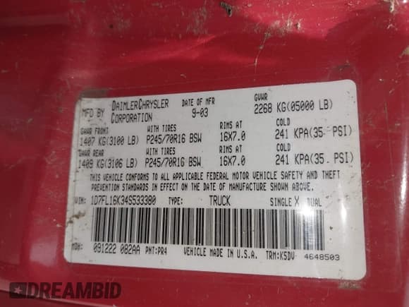 ✅ 2004 Dodge Dakota • VIN: 1D7FL16K34S533380 • Lot: 42469766. Listed on IAAI with 169,815 mi. Free auction sales archive from the USA and detailed vehicle history report at DreamBid. Image 9.