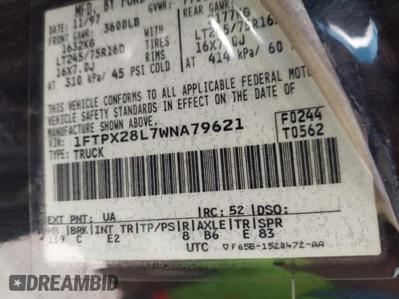 ✅ 1998 Ford F-250 • VIN: 1FTPX28L7WNA79621 • Lot: 41783554. Listed on IAAI with 254,342 mi. Free auction sales archive from the USA and detailed vehicle history report at DreamBid. Image 9.
