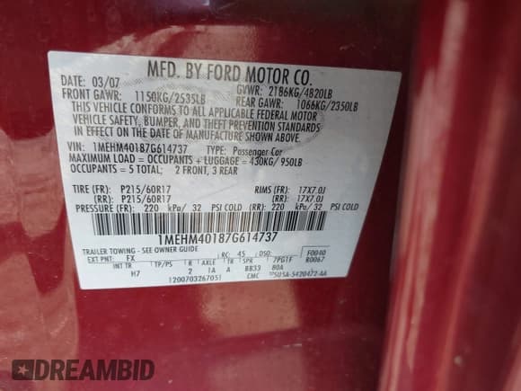 ✅ 2007 Mercury Montego • VIN: 1MEHM40187G614737 • Лот: 42558638. Опубликован ранее на IAAI с пробегом 106 437 миль. Бесплатный доступ к архиву аукционных продаж из США и подробный отчёт об истории автомобиля на DreamBid. Изображение 9.