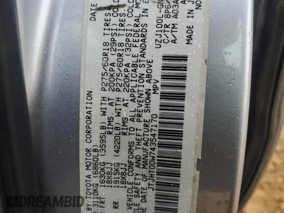 ✅ 2004 Lexus LX 470 • VIN: JTJHT00W743547170 • Lot: 71322044. Listed on Copart with 233,852 mi. Free auction sales archive from the USA and detailed vehicle history report at DreamBid. Image 15.