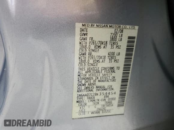 ✅ 2008 Nissan Titan XE • VIN: 1N6AA07C28N354454 • Lot: 81090715. Listed on Copart with 175,970 mi. Free auction sales archive from the USA and detailed vehicle history report at DreamBid. Image 12.