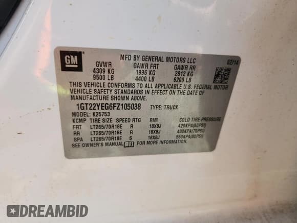 ✅ 2015 GMC Sierra 2500HD SLE • VIN: 1GT22YEG6FZ105038 • Lot: 65634895. Listed on Copart with Not provided. Free auction sales archive from the USA and detailed vehicle history report at DreamBid. Image 12.