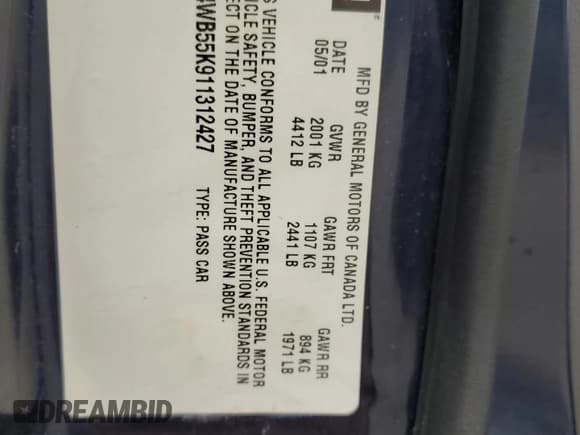 ✅ 2001 Buick Regal LS • VIN: 2G4WB55K911312427 • Lot: 59518915. Listed on Copart with 211,572 mi. Free auction sales archive from the USA and detailed vehicle history report at DreamBid. Image 13.