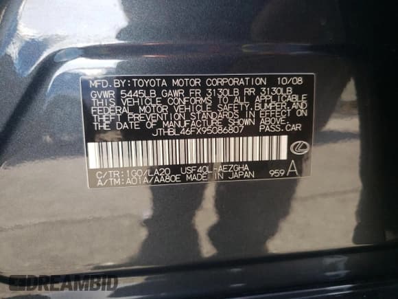 ✅ 2009 Lexus LS 460 • VIN: JTHBL46FX95086807 • Lot: 58094085. Listed on Copart with Not provided. Free auction sales archive from the USA and detailed vehicle history report at DreamBid. Image 12.